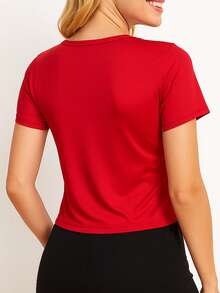 Camiseta básica, crop, manga corta, corte recto, colores sólidos, casual, cómoda, versátil, moda 2025, minimalista, color block. - Rojo - Ver 5