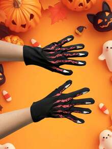 1 Par de Luvas com Estampa de Esqueleto de Halloween, Luvas de Fantasia de Garra de Fantasma Vermelha, Acessório de Fantasia para Festa de Halloween e Role Play - Multicolorido - Visão 6