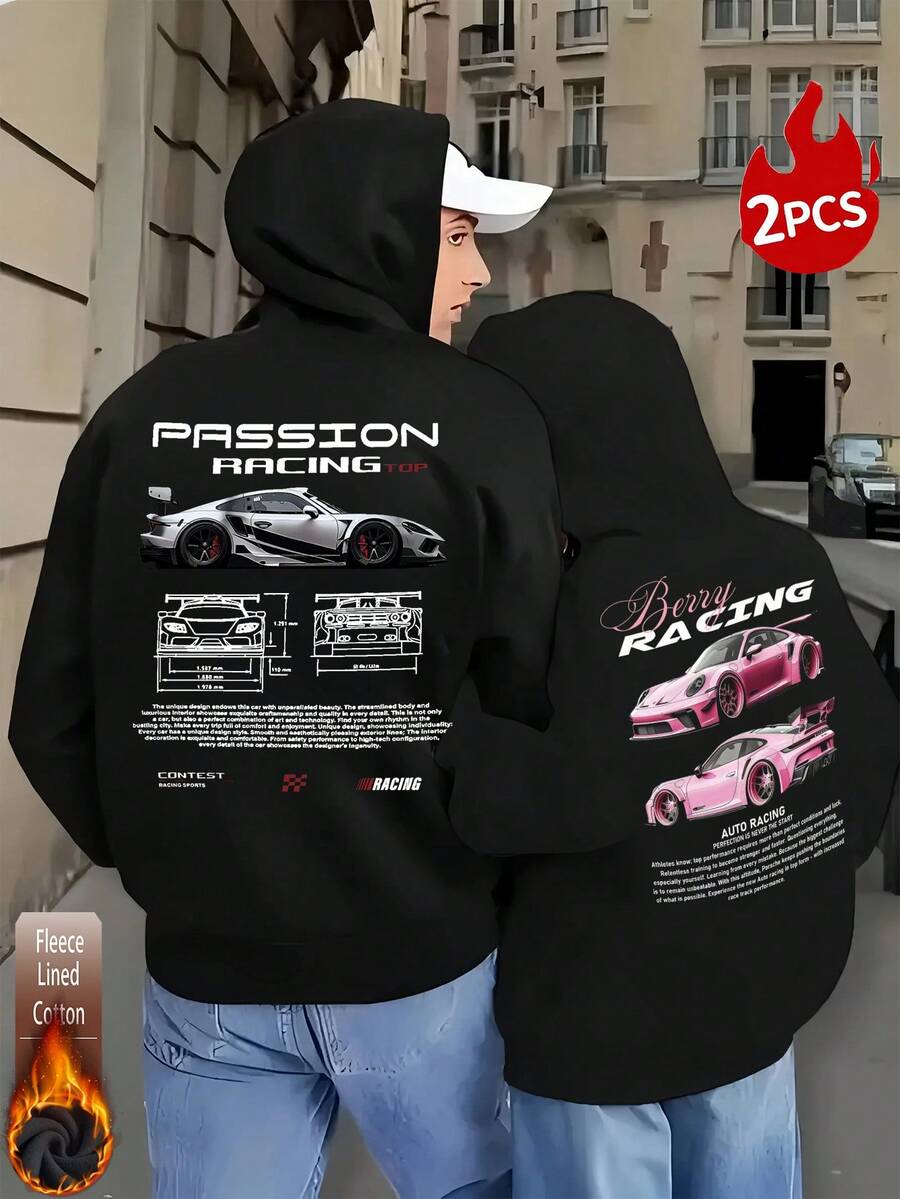 Bộ 2 áo nỉ nỉ, áo nỉ có mũ in hình đua xe dành cho cặp đôi, áo nỉ dài tay dáng regular fit, chi tiết dệt gân, unisex, quà tặng ngày Valentine. - đen - Xem 1