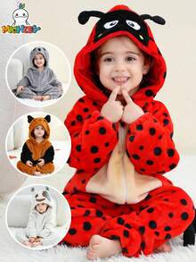 MICHLEY 1Pc Baby Cartoon Animal Form Flannel Cute Sleeping Bag Long Sleeve Zipper Hooded Comfortable Children's One-Piece Pajamas Unisex Baby Products Suitable For Living Room,Halloween,Party Wear