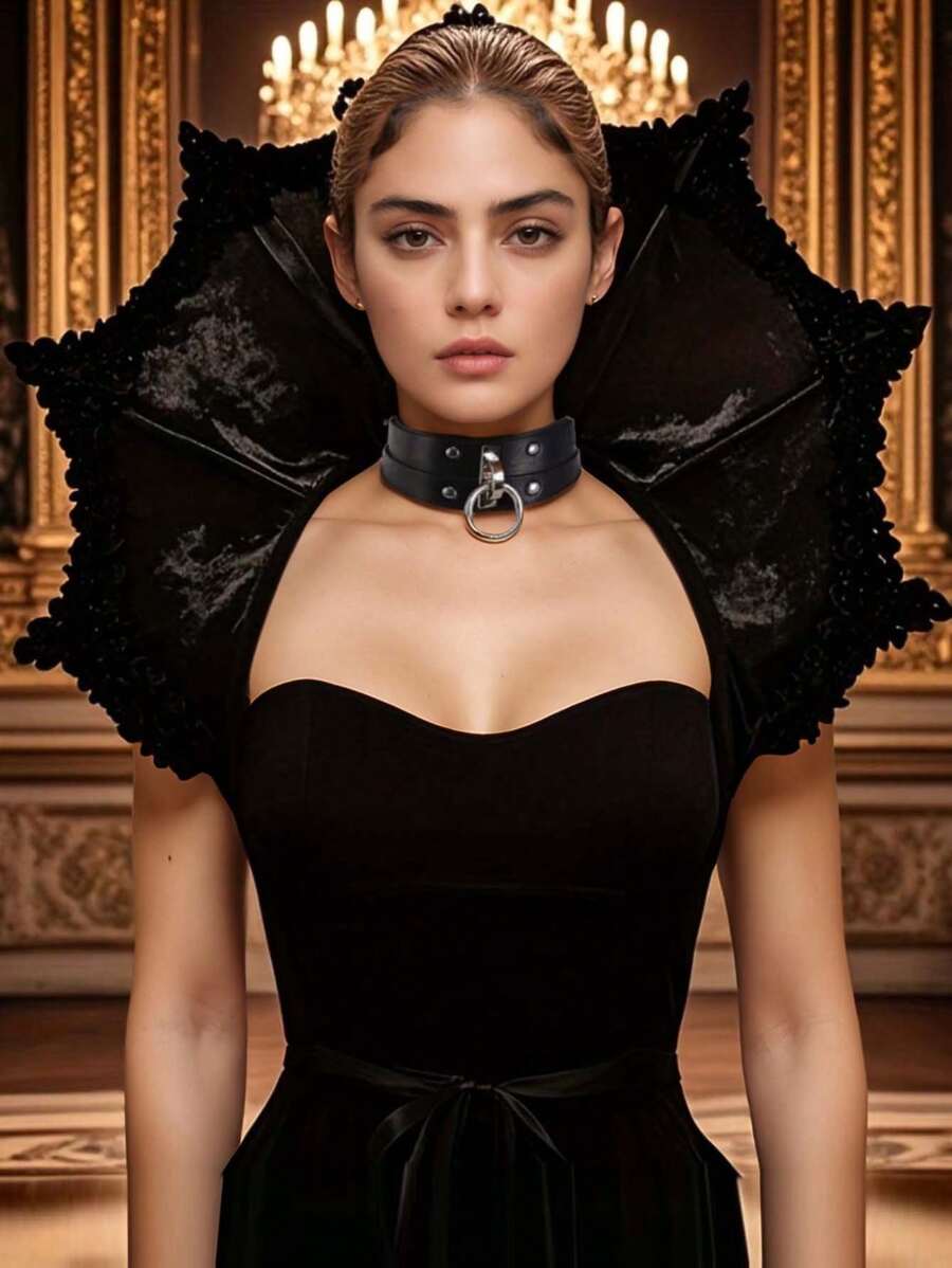 1pc Fashion Women Halloween Gothic Queen Stand Collar Cloak Witch Queen Velvet Skeleton Lace Stand Collar Cloak Costume Art Clothing Accessories, Polyester