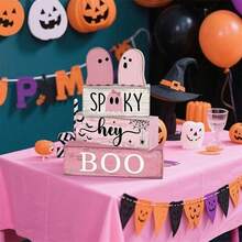 5Pcs Halloween Tiered Tray Decor Set Pink Small Ghost Wooden Blocks Table Decorations Signs