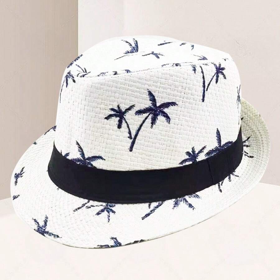 1pc Summer Sun Hat, Korean Fashion British Style Hat, Suitable For Men, Fashionable Beach Sun Hat, Multiple Colors Available, Machine Washable - Leaf Straw Hat - View 1
