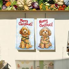 1 set/2 pezzi/100 pezzi Asciugamani da cucina e panni per piatti con motivo di barboncino natalizio con luci, adatti per la decorazione di interni di ristoranti, cucine e bagni, decorazione per feste, regali per festività, come regalo