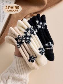 2/4 Paar Damen Plüsch Winter Socken mit Schleifen Muster, Kniestrümpfe, Weihnachtsgeschenk, dick, weich, flauschig, warm und bequem, zufällige Farben, geeignet für den täglichen Gebrauch und Ausflüge, gemütliche Socken - Verschiedenfarbig - Übersicht 4