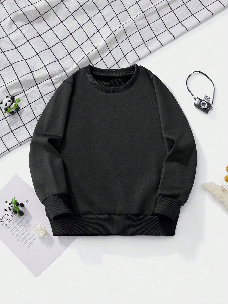 Sudadera de manga larga para niños pequeños, top versátil de unicolor que combina con todo, estilo de moda para otoño/invierno - Negro - Ver 1