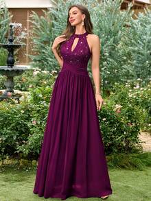 MIUSOL 亮片花卉蕾丝撞色雪纺荷叶边露背正式派对礼服，优雅女士长裙，适合婚礼宾客、毕业典礼、宴会及其他夏季场合 - 紫紅色 - 查看 8