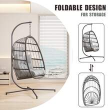 Hanging Egg Chair With Stand, Patio Wicker Hammock Egg Swing Chair With Cushion For Bedroom Garden Indoor Outdoor (Grey)