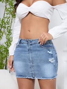 Women Slim-Fit Stretchy Denim Short Skirt Fashion Zipper Ripped Fringed Edges Sexy Bodycon Summer Casual Jeans Skirt - 淺色水洗藍 - 查看 3
