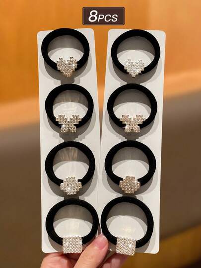 8pcs Black Elegant Hair Scrunchies With Rhinestones, Elastic & Thick, Suitable For Daily Hairstyles, Recommended As Gift For Women Hair Accessories, Hair Ties, Ponytail Holders, Suitable For Autumn