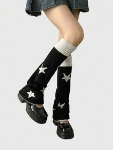 Retro American Style Knitted Leg Warmers, Five-Pointed Star Pattern, Flared Leg, Reversible, Slimming Slouchy Leg Warmers, Fall / Winter