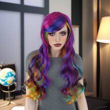 Tóc giả cosplay dài gợn sóng nhiều màu lấy cảm hứng từ Harajuku rực rỡ dành cho nữ có mái - Tóc tổng hợp chịu nhiệt, mũ lưới có thể điều chỉnh vừa vặn hoàn hảo, 71,12 cm - Nhiều màu - Xem 5