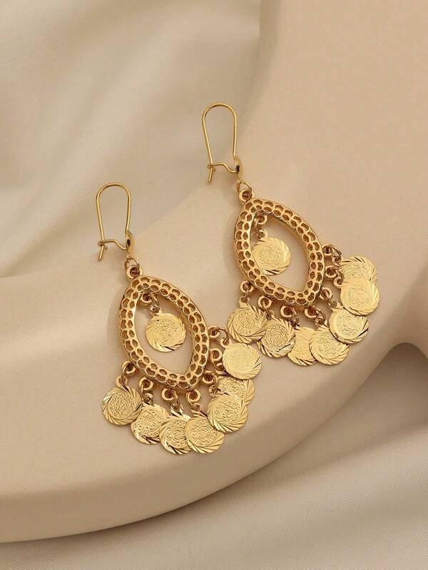 1 par de pendientes de borla de moneda de aleación de cobre chapada en oro en estilo minimalista vintage, adecuados para el uso diario de las mujeres y como regalo para fiestas