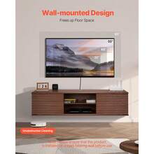 Floating TV Stand, 60" Wall Mount Entertainment Center With Adjustable Shelf & Sliding Doors, 2 Tiers Floating TV Shelf With Storage Cabinet For DVD Player, Cable Box, Game Console, Walnut - Coffee Brown - View 2