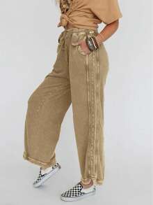 Women's Wide Leg Sweatpants,High Waist Casual Pants With Drawstring Pocket,Baggy Lounge Trousers For Comfort Wear - 卡其色 - 查看 4