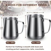 ~Milk Frothing Pitcher 16oz 480ml Milk Frother Cup Stainless Steel Steaming Pitcher Coffee Bar Cappuccino Espresso Machine Accessories Barista Tools Steamer Cup Milk Jug With Latte Art Pen - SilverMirror - View 3