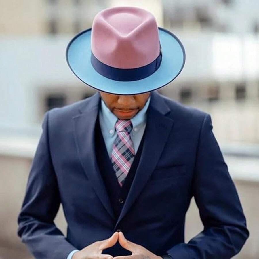 Men's Jazz Hat Retro Fashion Style - Blue And Pink Contrast Splicing - Handheld Panama Gentleman Hat - Suitable For Street Parties And Dinners - Best Gift For Christmas And Valentine's Day