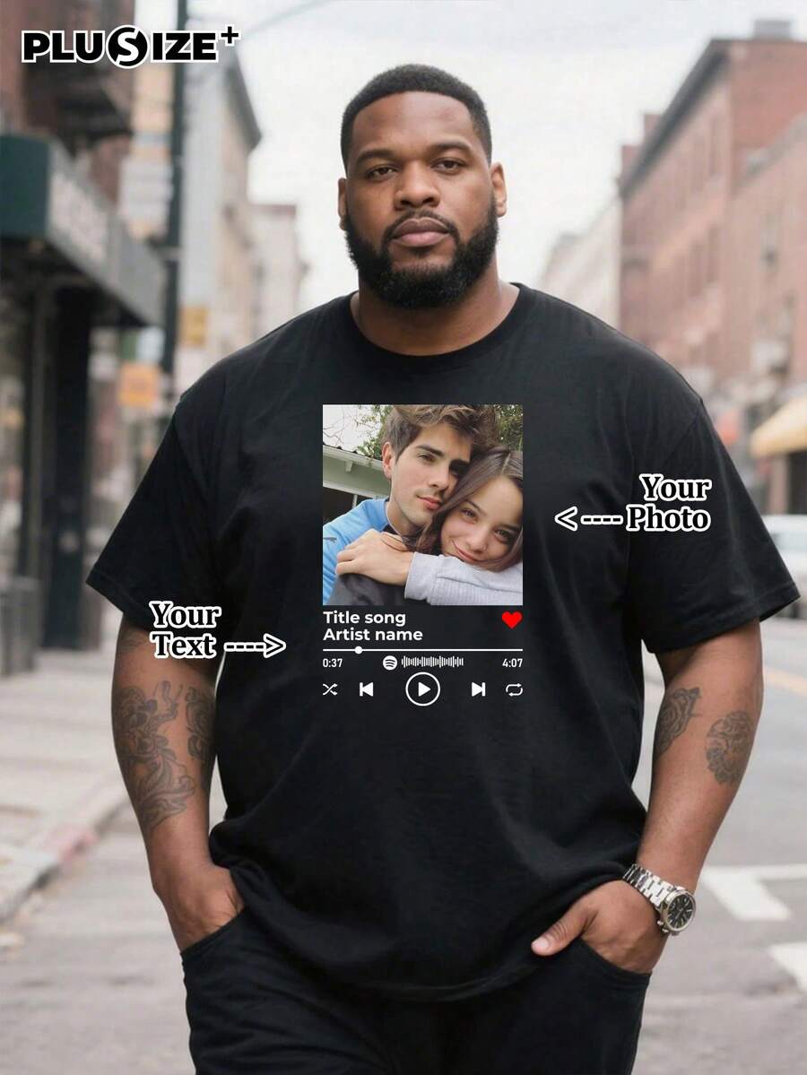 Customized Personalized Commemorative Gifts And Men's Casual T-Shirts, Add Your Own Photos (Family Portrait/Selfie/Pet Photo/Friend Photo/Couples Photo/Girlfriend Photo/Gift/Couple Logo) And Text, Design Your Father's Day And Mother's Day Personalized Printed T-Shirts. - Black - View 1
