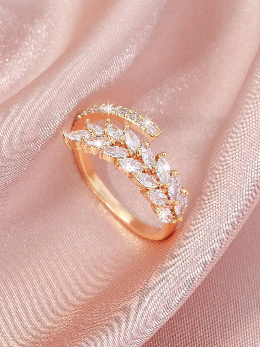 1pc Zirconia Double Row Open Ring, Suitable For Daily Wear - Yellow Gold - View 1