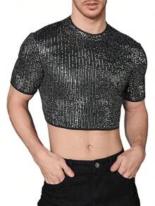 Men's Fishnet Mesh Tee Shirt Round Neck Short Sleeve Crop Top - Solid Black - View 1