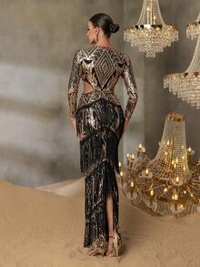 Faeriesty 女士优雅奢华亮片连衣裙，腰部镂空设计，饰有流苏，适合正式晚宴、婚礼和奢华夏季度假穿着。 - 銅色 - 查看 3