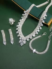 4 件闪亮奢华水晶首饰套装、项链、耳环、戒指、手链、时尚新娘婚礼派对礼服配饰 - 銀色 - 查看 3