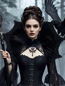 1pc Fashion Women Halloween Gothic Queen Stand Collar Cloak Witch Queen Velvet Skeleton Lace Stand Collar Cloak Costume Art Clothing Accessories, Polyester