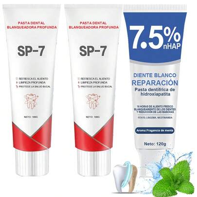 3 tubos de pasta dentífrica blanqueadora, 2 tubos de probióticos SP-7, con un 7,5 % de hidroxiapatita, para blanquear los dientes, proteger el esmalte, eliminar manchas, corregir la alineación dental y combatir el amarilleamiento de los dientes. Ideal para uso diario en casa y para viajar.