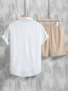 Conjunto informal de dos piezas para hombre (camisa de manga corta lisa + pantalón corto con cordón) - Blanco - Ver 4