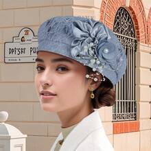 Women Beret Hat With Pearl Flower Breathable Brimless Cap  Fascinators Hats For Tea Party Stage - 灰色 - 查看 1