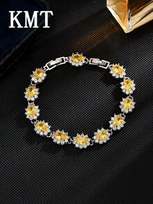 1 pieza Pulsera de mujer elegante y de lujo con flor ovalada de circonita cúbica incrustada en cobre, empaquetada en caja de regalo - Pulsera ovalada - Ver 6