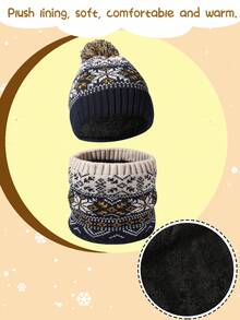 4pcs 5-10Y Baby Earless Hat, Fingerless Gloves & Scarf Set, Girls & Boys, Knitted Warm Winter Hat, Gloves & Scarf Set With Wool Lining For Toddlers, Kids Winter Hat, Gloves & Scarf Set, Girls Knitted Earless Hat With Pom Pom, Fingerless Gloves & Neck Warmer Set With Wool Lining - 4PCS - View 6