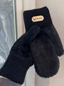 1 Pair Double Layered Velvet Thickened Warm Gloves Solid Color Versatile Cold Protection Gloves For Outdoor Cycling Winter Warm Unisex Plush Lining Mittens Birthday Christmas Gifts - Mittens - View 3