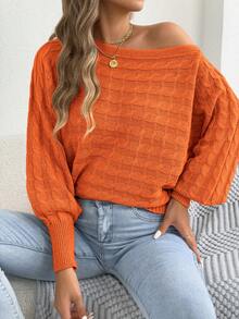 Casual Basic Wide Neckline Cable Knit Long Sleeve Pullover Sweater, Autumn/Winter - Orange - View 6