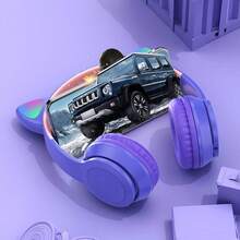 Kids Headphones, Cat Ear LED Light Up Bluetooth 5.0 Foldable Wireless Gaming Headset For Kids Adult, Built-In Mic Noise Cancelling Over Ear Headphones For Study/Travel