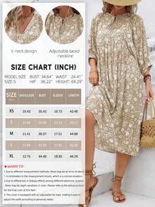 全印花打結領口襯衫袖連衣裙，時尚休閒日常裝 - 淺灰色 - 查看 5