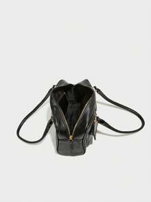 Black Fashion Motorcycle Style Shoulder Bag, Decorated With Pearl Bow And Metal Heart Pendant, Zipper Opening Design, Women's Shoulder Bag/Underarm Bag, Multi-Pocket Design, Suitable For Work And Commuting - View 6