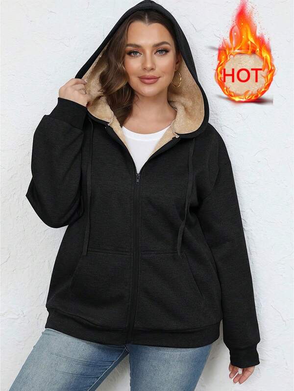 Winter Plus Size Women's Warm Plush Pocket Hooded Daily Jacket