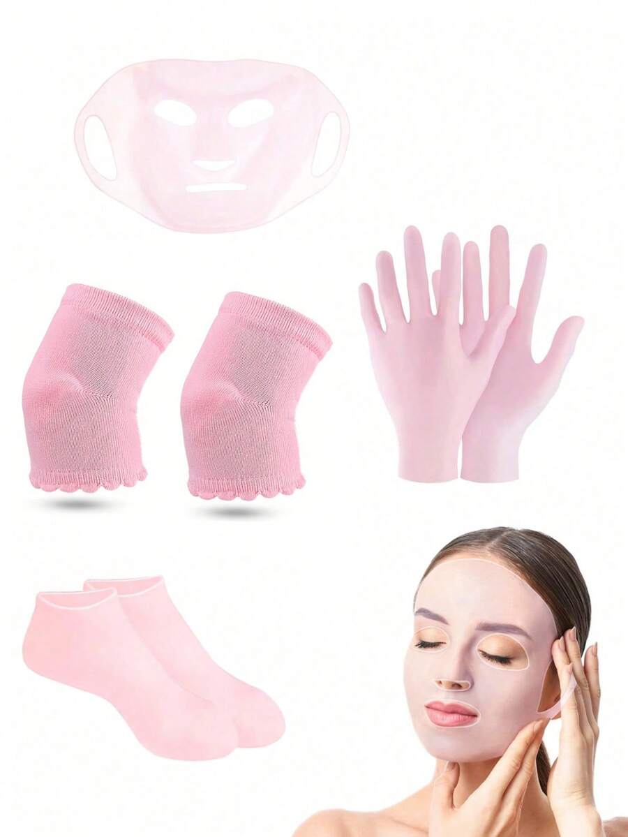 7件套保湿手套袜面膜套装、硅胶护肘、可重复使用的提拉紧致耳罩、干性皮肤硅胶凝胶水疗袜、防滑硅胶凝胶脚跟袜（软化双脚）、方便携带、无香型、无需电池 - 粉色 - 查看 1
