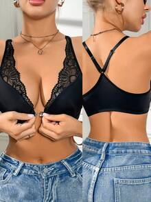 1pc Lace Patchwork Women's Bra, Sexy Underwire Enhances Bust