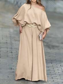 Women's Plus Size Elegant 2 Pieces Set, Designed Solid Color Asymmetrical Shoulder Long Sleeve Top + Loose Wide-Leg Pocket Maxi Pants, Suitable For Commuting, Business, Holidays, Autumn/Winter