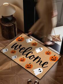 1 pieza, Felpudo de bienvenida con patrón divertido de fantasma y calabaza de Halloween de otoño, estilo festivo, lavable a máquina, de fibra de poliéster, apto para interiores, exteriores, decoración diaria, todas las estaciones - Amarillo - Ver 11