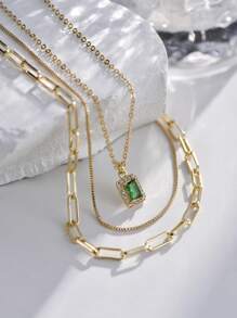 3 件套简约链条项链套装，配立方氧化锆吊坠，多层回形针式女士项链，适合夏季假日配饰（扣环数量随机）