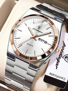 POEDAGAR 1 pezzo Orologio da uomo in acciaio inossidabile impermeabile e luminoso, con display della data e del giorno, casual, al quarzo, adatto per uso quotidiano, con confezione