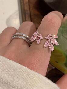 Set de 2 anillos abiertos con forma de hoja con diamantes de circonita cúbica de lujo, adecuados para uso diario y ocasiones de boda de las mujeres - Plateado - Ver 2