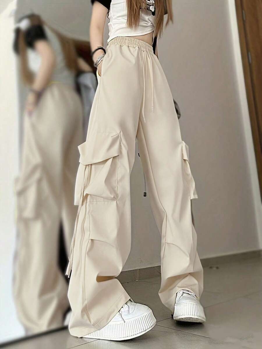 女士休闲宽松纯色口袋抽绳裤，适合日常穿着 - 杏色 - 查看 1