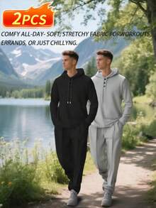 4-Piece Men's Autumn Casual Sports Suit - Long-Sleeved Long Pants Set - Casual Long-Sleeved Hooded Sports Shirt And Waist-Hugging Pants Set, Autumn Casual Wear. Sports Shirt Set. Hooded Shirt And Pants. Regular Fit, Knitted Fabric, Solid Color, Button Details, Spring/Autumn Collection, Long-Sleeved Casual Set Men's Suit Halloween Christmas Gift