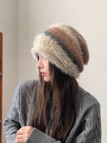 JOYLORD 1 件女士针织无檐便帽，宽松保暖毛绒护耳帽，宽松、百搭、可爱，适合冬季