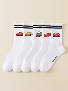 Disney 1/5双装汽车卡通图案中筒袜，运动双条纹，可爱卡通设计，防臭透气休闲百搭船袜，适合学生/成人作为礼物和日常穿着，袜子 - 白色 - 查看 1