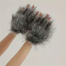 1 双毛绒狼爪手套，圣诞化装舞会道具，独特的狼爪手套 - 灰色 - 查看 4